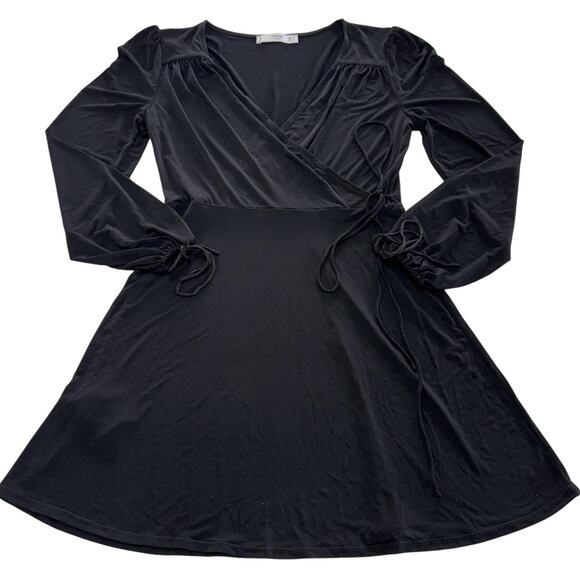 Mango Basics Dress Womens Small Black Long Sleeve Wrap Tie Mini Fit Flare - Picture 1 of 7